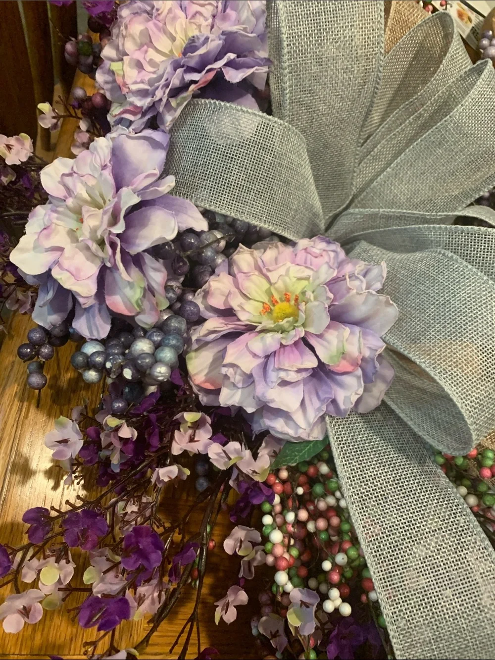 D,s. Handmade Lavender and Pink Berry Wreath with Gray Burlap Bow